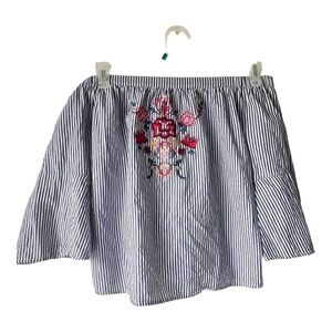 Women’s Blue Rain Tops Blue Rain Pin Striped Bell Sleeve Off Shoulder size S.